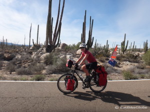 Jo cycling through the Cataviña Boulder Field on Day 2 of our Central Desert crossing