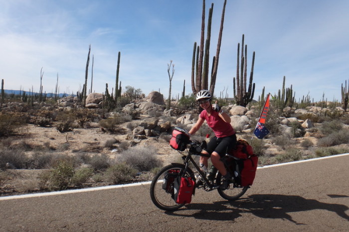 Baja California - Jo cycling through the Cataviña Boulder Field on Day 2 of our Central Desert crossing