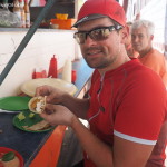 David enjoying a lunch of fish tacos in Santa Rosalia