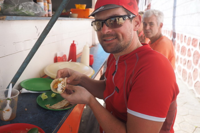 Baja California - David enjoying a lunch of fish tacos in Santa Rosalia