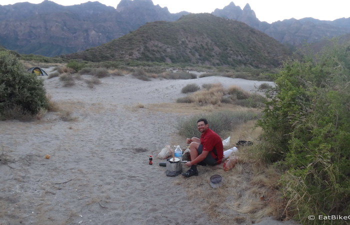 Baja California - David cooking our dinner at our campsite at Juncalito beach before the sand storm
