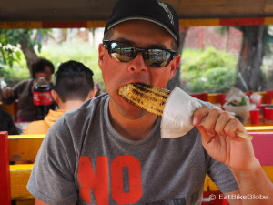 Enjoying some freshly roasted sweetcorn! — in Xochimilco
