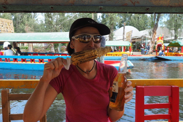 Mexico City - Enjoying some freshly roasted sweetcorn and a cerveza! — in Xochimilco