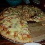 Our amazing prawn pizza at El Dragon Pizza Restaurant, Barra de la Cruz