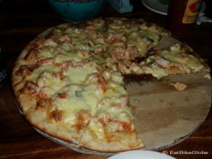 Our amazing prawn pizza at El Dragon Pizza Restaurant, Barra de la Cruz