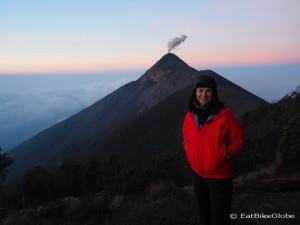 Jo and Volcano de Fuego at sunrise