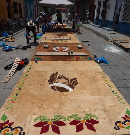Guatemala - Residents of Flores (Guatemala) getting ready for the Semana Santa (Easter) procession through the streets