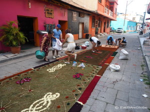 Residents of Flores (Guatemala) getting ready for the Semana Santa (Easter) procession through the streets