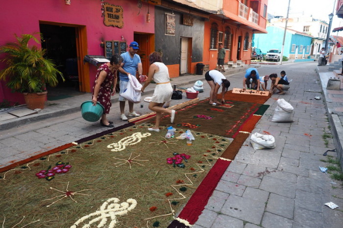 Guatemala - Residents of Flores (Guatemala) getting ready for the Semana Santa (Easter) procession through the streets