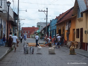 Residents of Flores (Guatemala) getting ready for the Semana Santa (Easter) procession through the streets