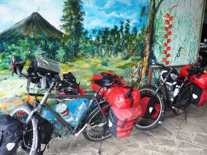 Our bikes with the mural at Toad Hall, Laguna de Arenal, Costa Rica