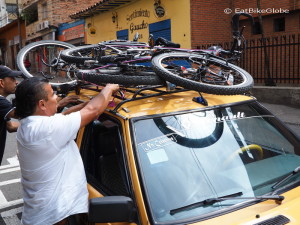 Transporting our bikes from our Hostel to the bike shop in Medellin!