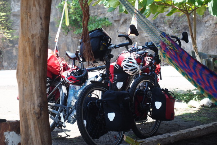 El Salvador - Our bikes outside the restaurant on our way to El Tunco, El Salvador 