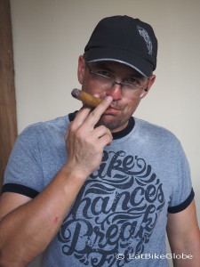 David trying a cigar, Dona Elba Cigar tour, Granada, Nicaragua