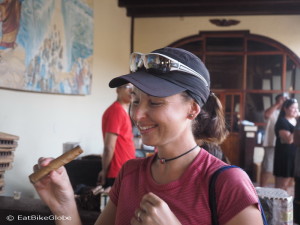 Jo trying a cigar, Dona Elba Cigar tour, Granada, Nicaragua