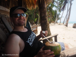 Enjoying a cold coconut at Yemaya Hotel, Little Corn Island, Nicaragua