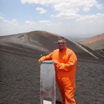 David ready to volcano board down Cerro Negro Volcano - the protective suit makes him look like a sumo!