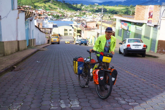 Ecuador - Tobi pushing up the steep hill to our Hotel in San Gabriel
