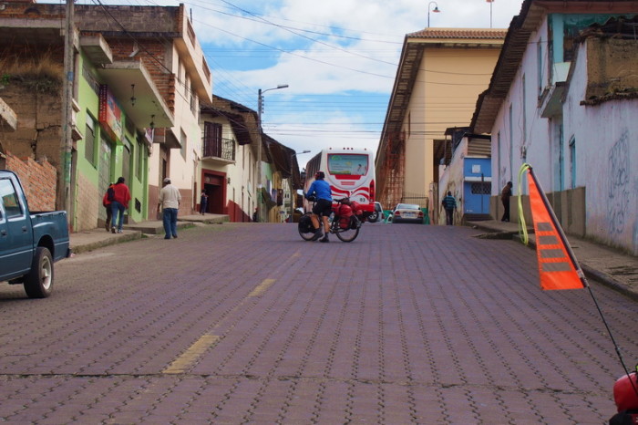 Ecuador - David pushing up the steep hill to our Hotel in San Gabriel