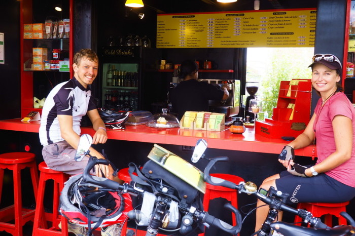 Ecuador - Jo and Andre enjoying a coffee stop at the Daily Grind Cafe in Otavalo
