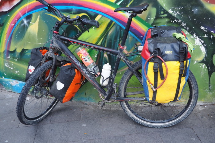 Ecuador - Tobi's bike outside of the Daily Grind Cafe, Otavalo 