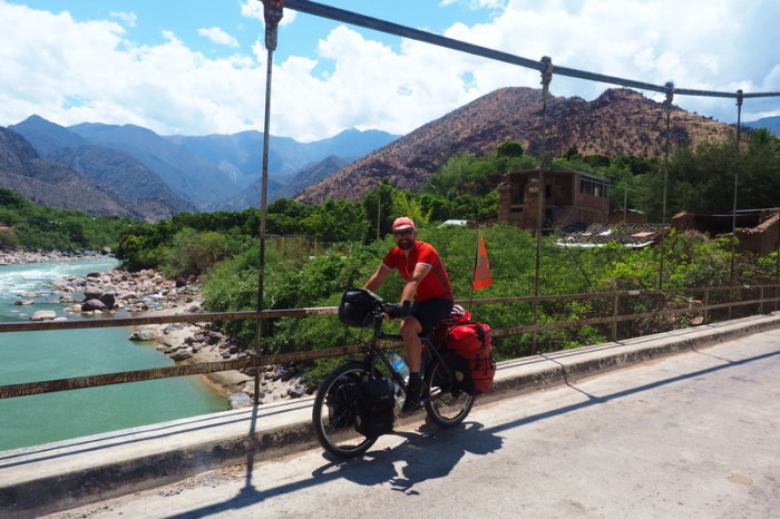 Peru - David crossing the bridge at Chacanto (near Balsas)