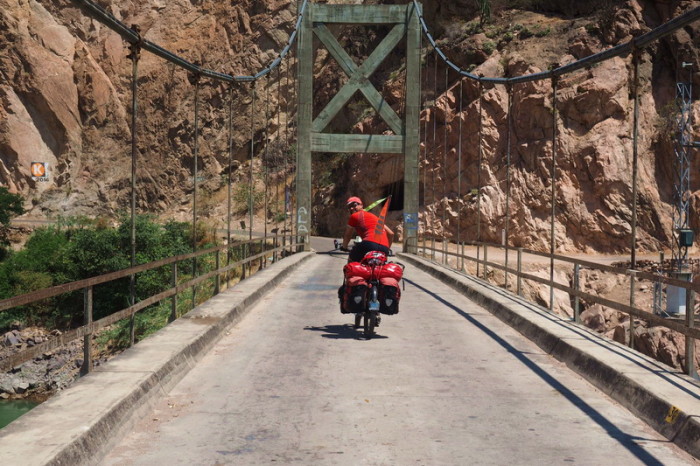 Peru - David crossing the bridge at Chacanto (near Balsas)