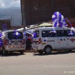 The taxis were decorated with purple and white balloons, Huancayo