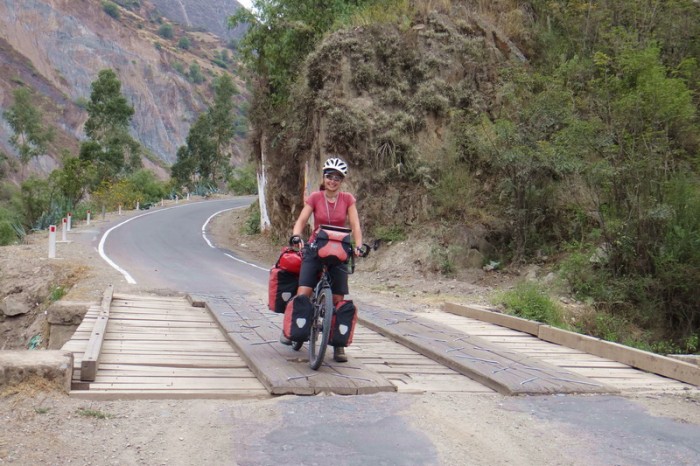 Peru - Jo crossing one of the dodgy bridges on the way to La Esmeralda