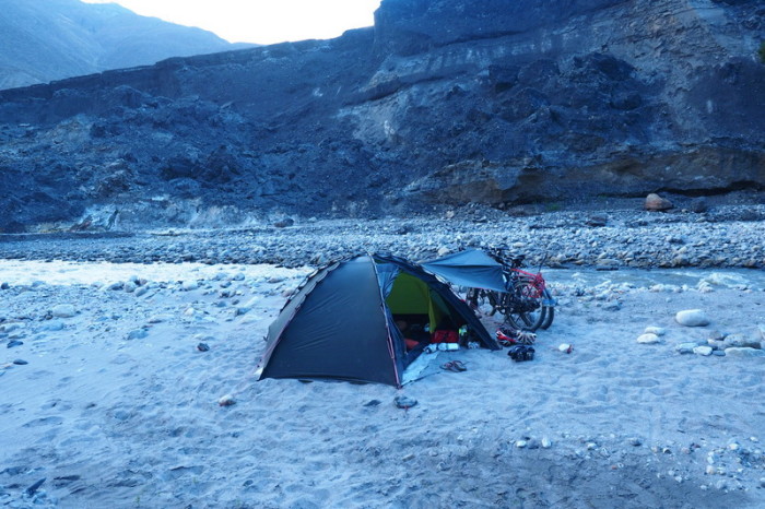 Peru  - Our tents and bikes on the river bed
