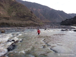 David crossing the river to get the last of our panniers