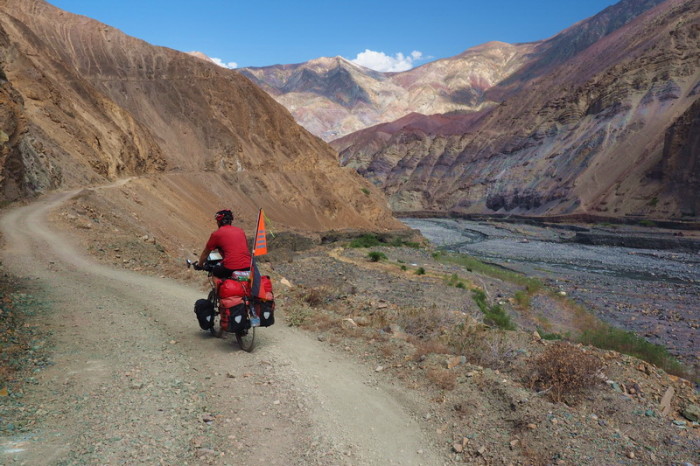 Peru  - Cycling along the river road next to the River Tablachaca - the mountains were really that pink and gorgeous!
