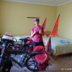 This was a pretty shabby room, which smelled of rotten eggs. I'm only smiling because we managed to wheel our bikes into the room fully loaded!
