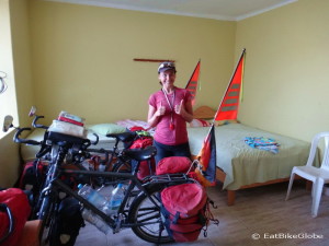 This was a pretty shabby room, which smelled of rotten eggs. I'm only smiling because we managed to wheel our bikes into the room fully loaded!