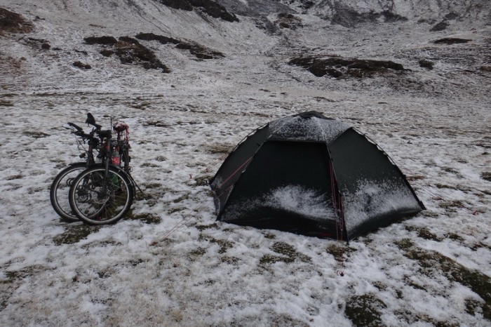 Peru - Our second campsite (around 4700m) covered in hail - it was freezing! 