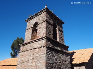 Church tower in the main square, Amantani Island, Lake Titicaca