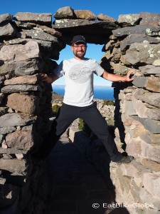 David with one of the arches near Pachamama, Amantani Island, Lake Titicaca