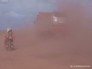 The trucks created huge clouds of dust - it was difficult to cycle