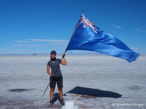 Jo proudly holding the Australian/New Zealand flag