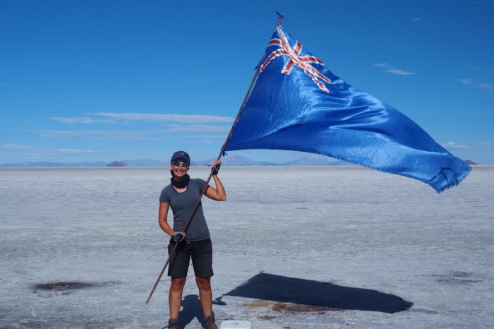 Bolivia - Jo proudly holding the Australian/New Zealand flag 