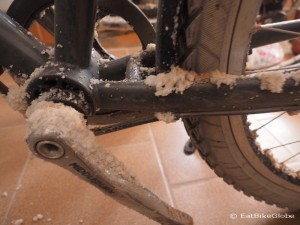Our bikes were covered with salt after crossing the Salars!