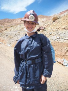 Jo dressed up for the visit to the mines, Cerro Rico, Potosi