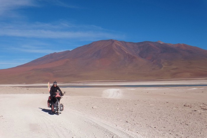 Bolivia - Day 8 of the Laguna Route: Jo cycling away from Laguna Verde