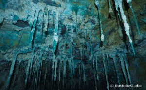 The walls of the mine were quite beautiful, covered in turquoise and green stalactites